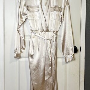 Satin Champagne Belted Dress with Elegant Opening in Upper Back